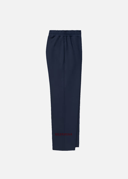 Right side of navy streetwear joggers – relaxed fit pants with side pockets and cotton-polyester blend comfort.
