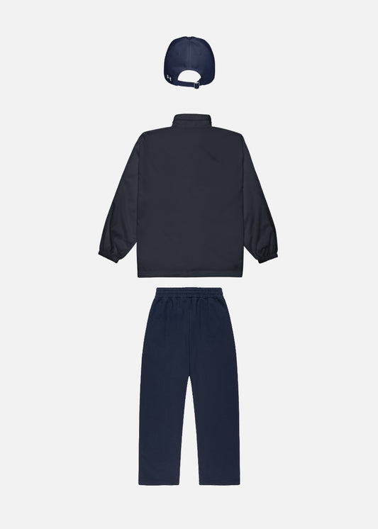 Back view of premium navy streetwear bundle – unisex windbreaker, joggers & baseball cap for daily style