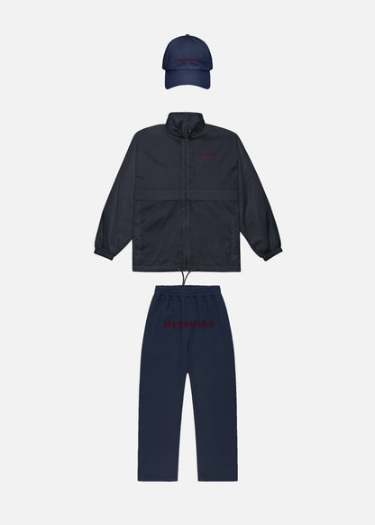 Complete navy urban streetwear outfit – windbreaker, cap & baggy joggers for men and women