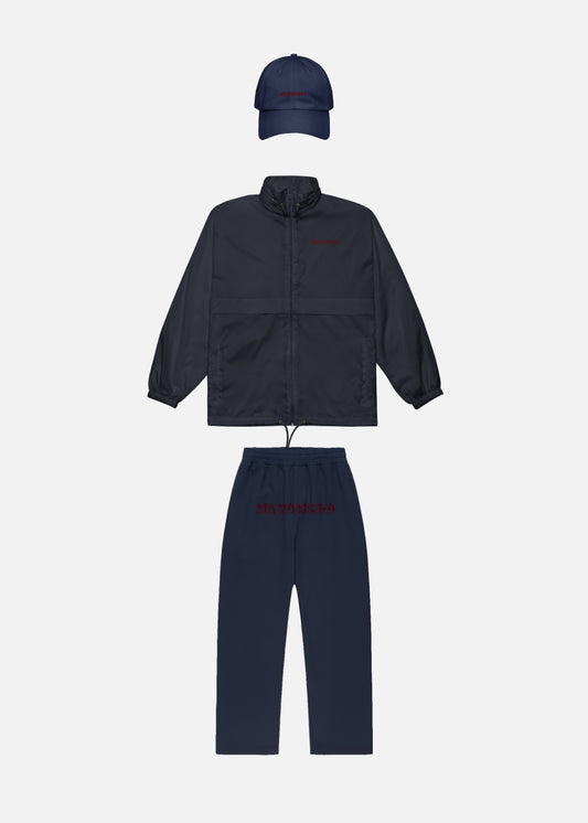 Complete navy urban streetwear outfit – windbreaker, cap & baggy joggers for men and women