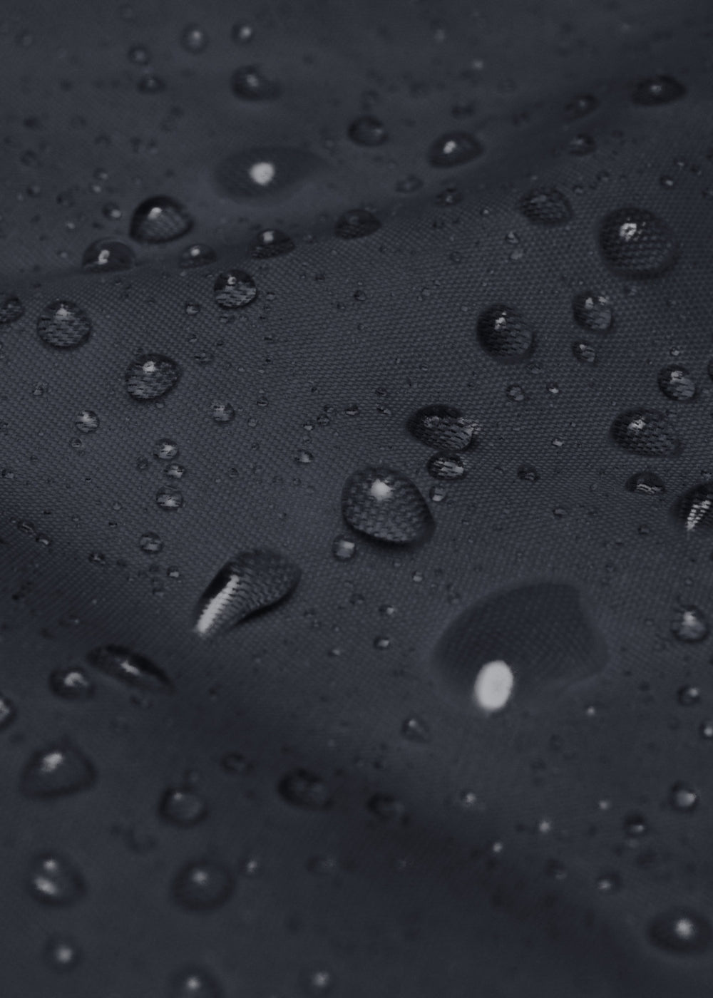 Water droplets on navy waterproof windbreaker – vegan and weather-resistant jacket material