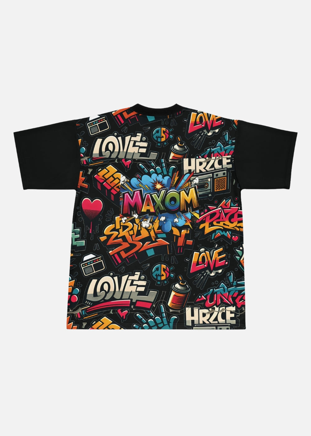 Back view of graffiti shirt – unisex oversized t-shirt with back logo print and urban art design