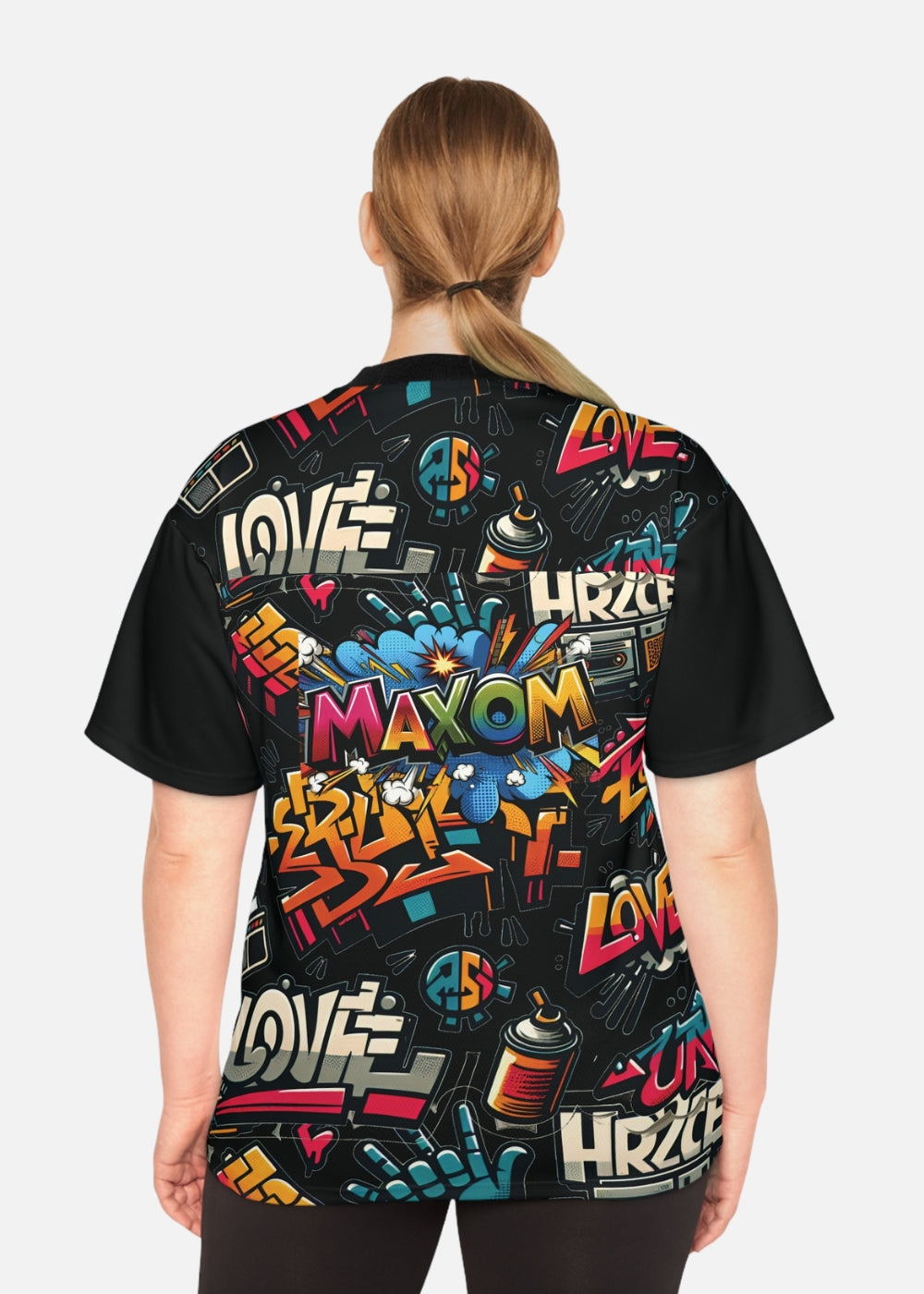 Back view of female model wearing graffiti art t-shirt – relaxed urban fashion tee with bold design
