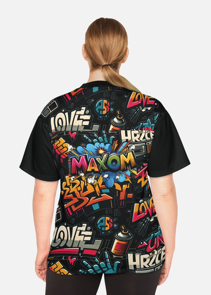 Back view of female model wearing graffiti art t-shirt – relaxed urban fashion tee with bold design