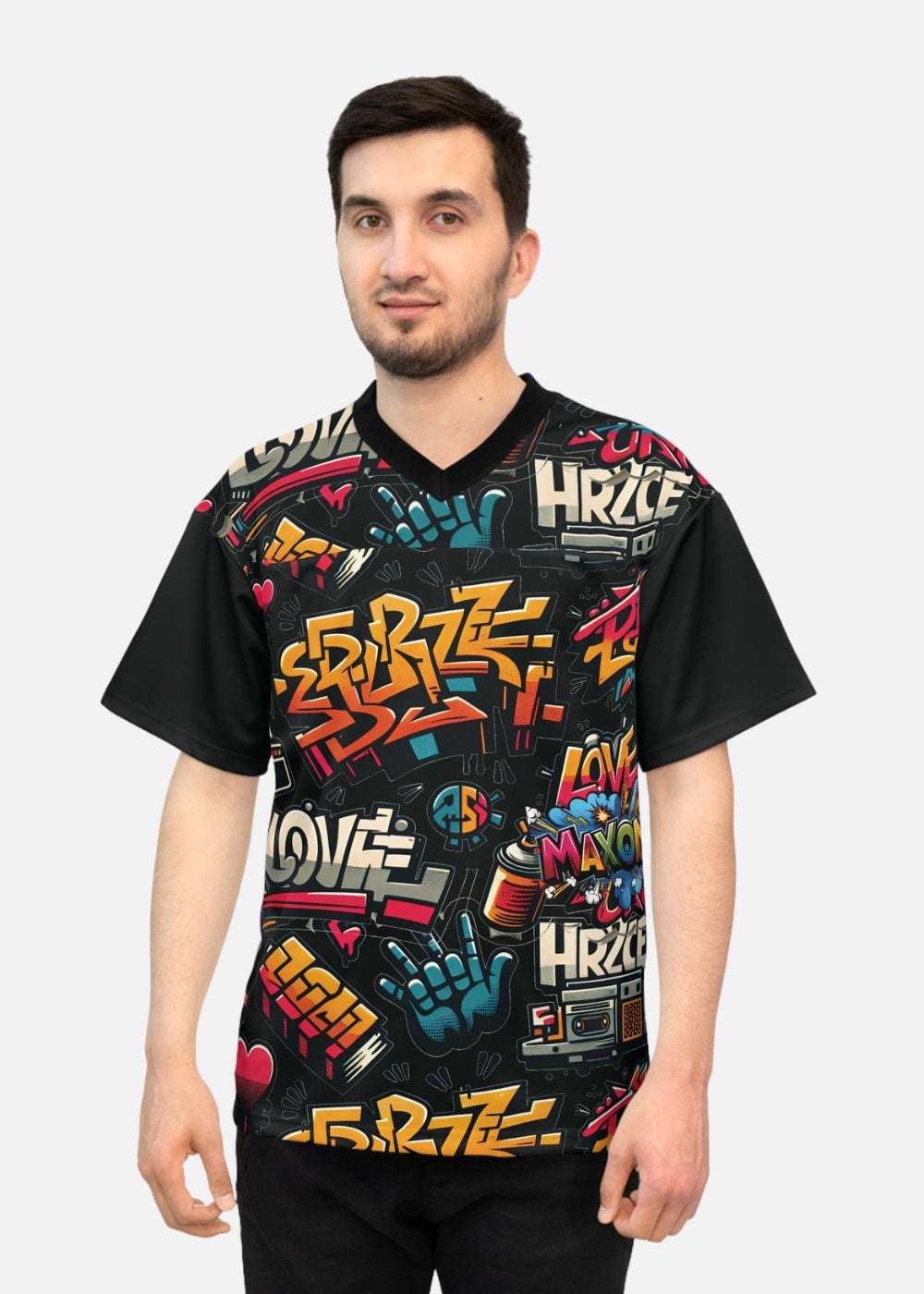 Male model wearing oversized graffiti print t-shirt – unisex graphic tee with relaxed fit for casual urban outfits