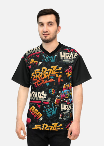 Male model wearing oversized graffiti print t-shirt – unisex graphic tee with relaxed fit for casual urban outfits
