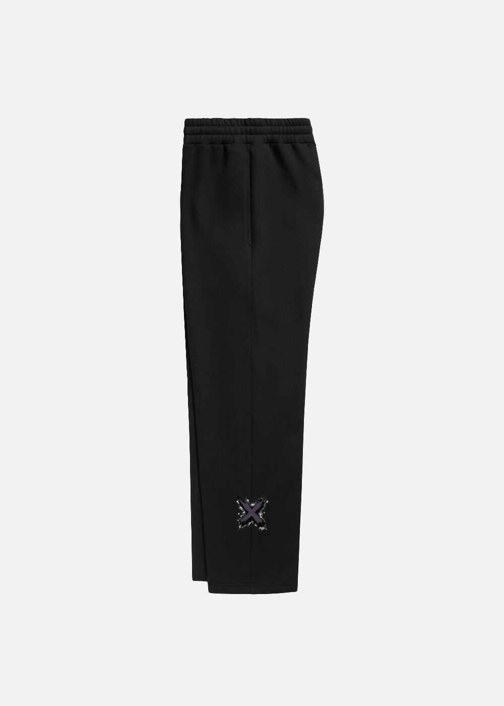 MAXOMclo Purple Obsidian sweatpants – left side view showing purple script detail. Urban fashion meets comfort with baggy fit style.

