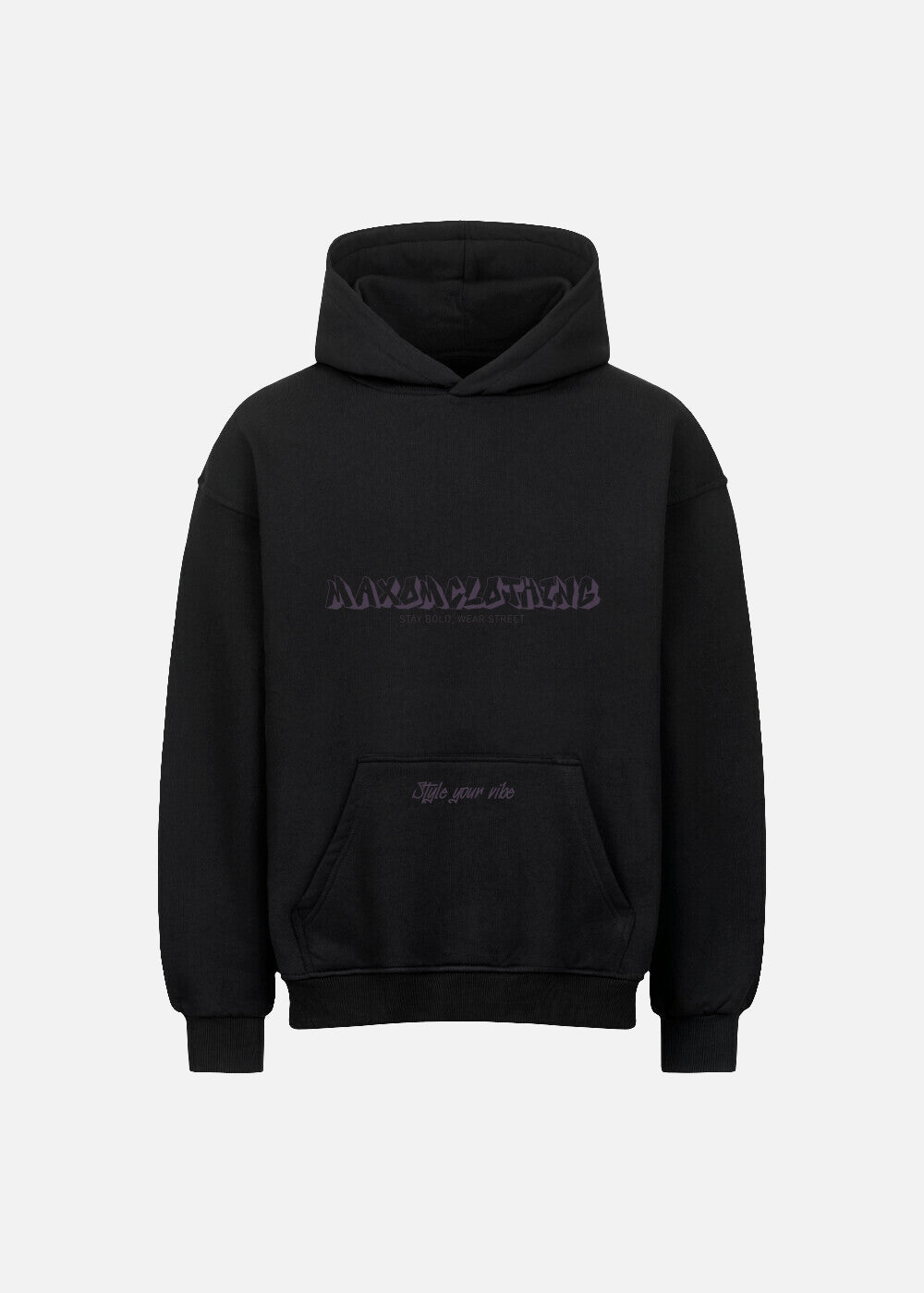 MAXOMclo black oversized hoodie with purple script – front view from the Purple Obsidian 380 GSM streetwear collection. Stylish, heavyweight, and unisex.
