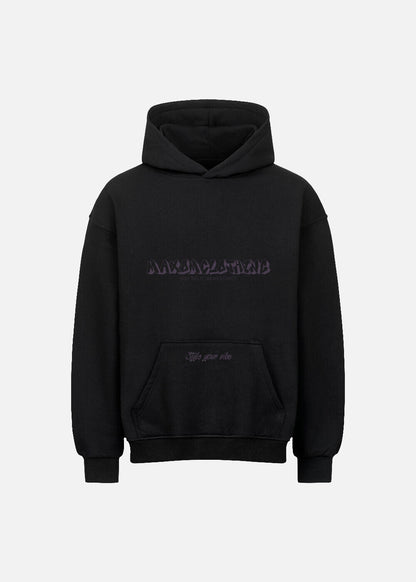 MAXOMclo black oversized hoodie with purple script – front view from the Purple Obsidian 380 GSM streetwear collection. Stylish, heavyweight, and unisex.