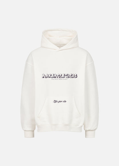 Front view of MAXOMclo white oversized hoodie with purple print – part of the Purple Obsidian streetwear set. 380 GSM heavyweight hoodie for men and women.
