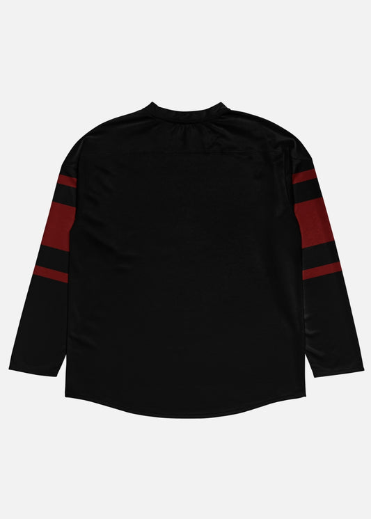 Back view of recycled unisex hockey sweater – minimalist eco-friendly streetwear in black and red