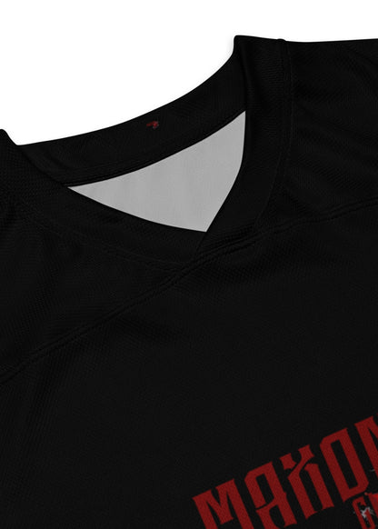 Close-up of rose graphic on recycled hockey-style sweater – premium stitched eco design by MAXOMclo