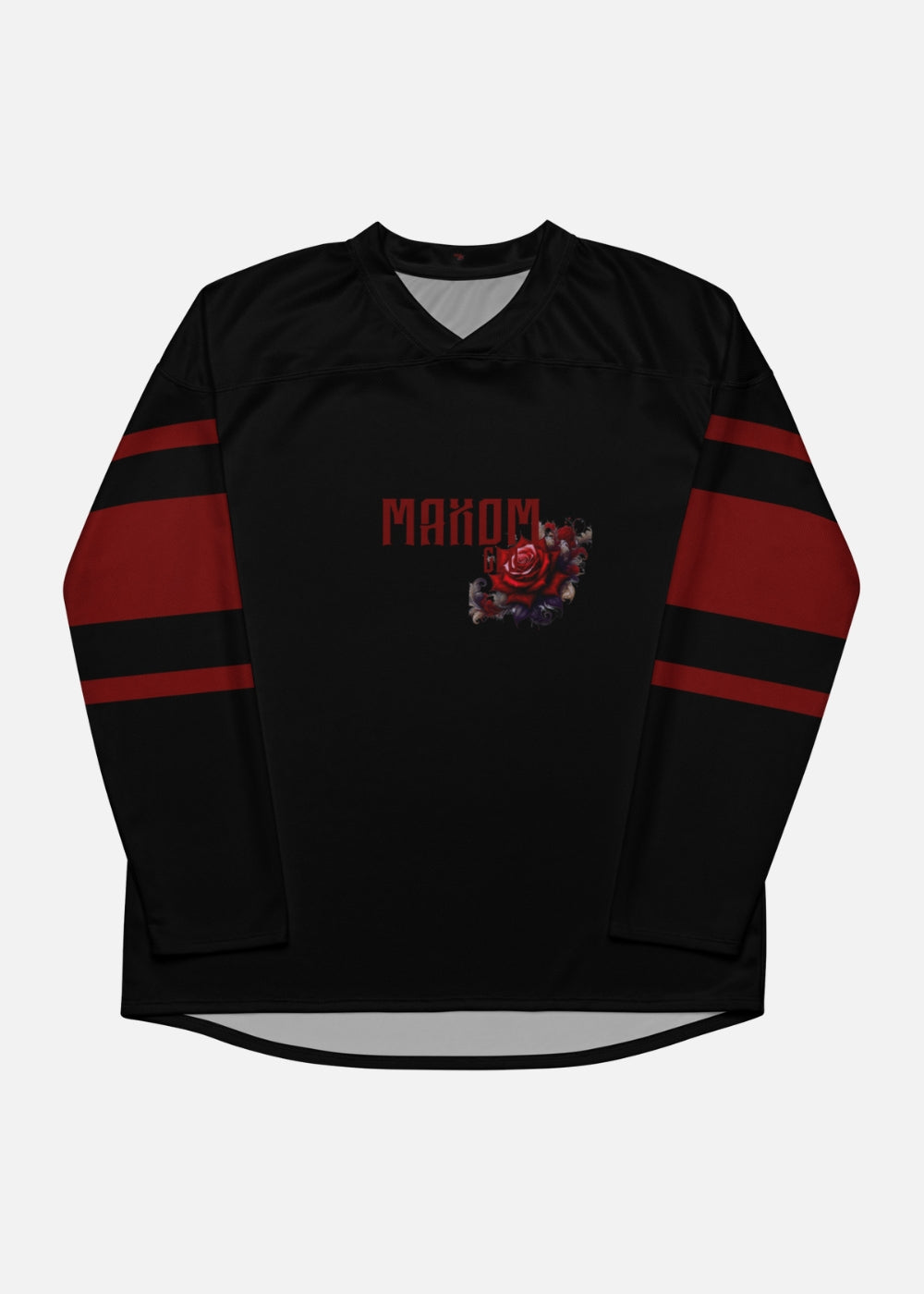 Front view of MAXOMclo recycled hockey sweater – bold floral design on lightweight sustainable streetwear