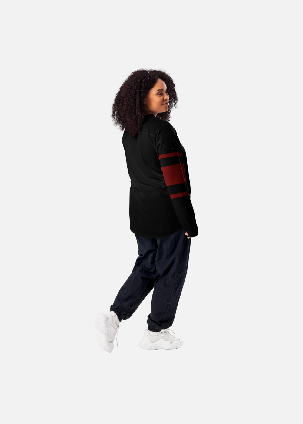 Back view of female model wearing ethical streetwear hockey sweater – black and red minimalist style
