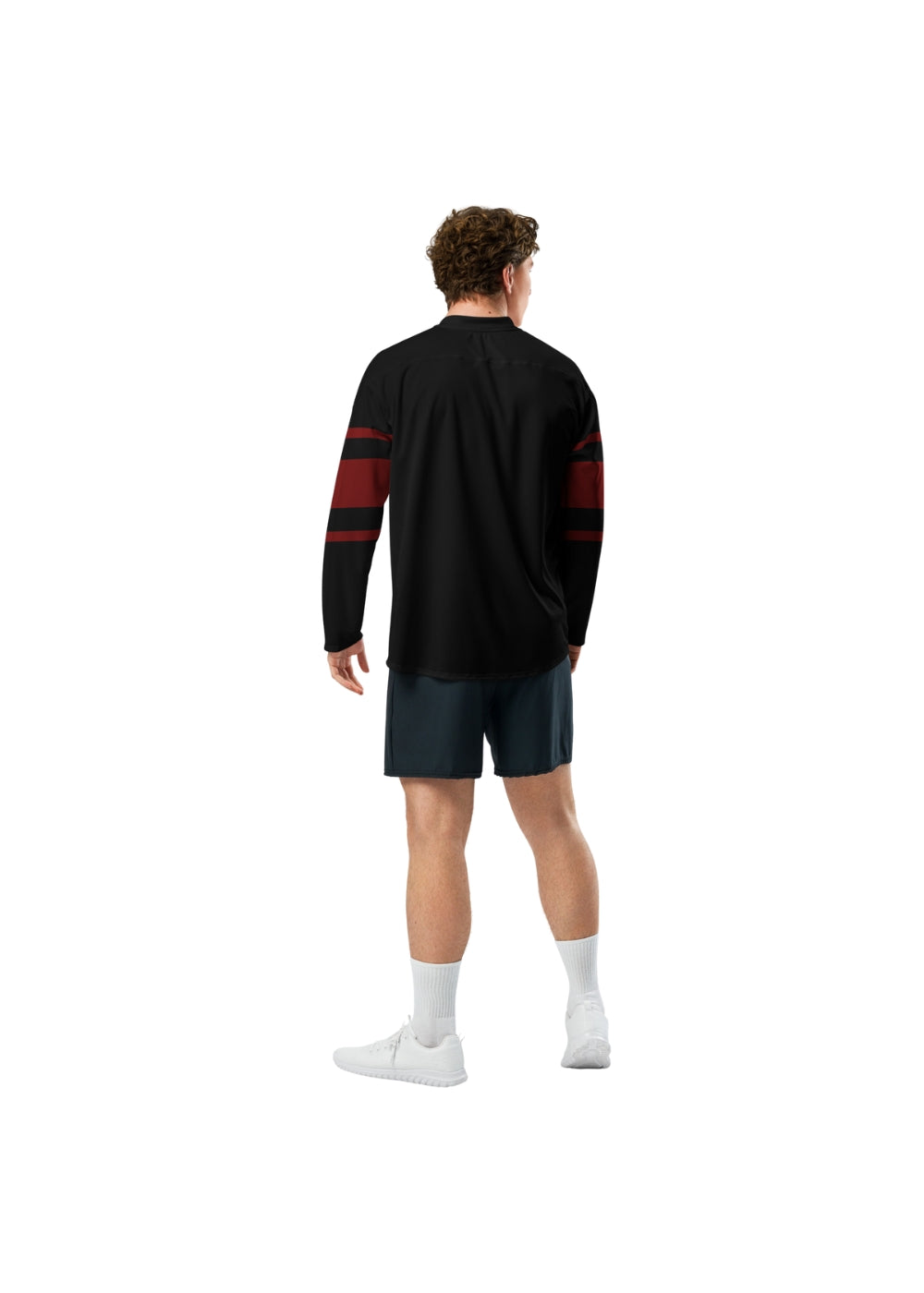 Back view of male model in eco-friendly MAXOMclo hockey sweater – relaxed fit urban outfit