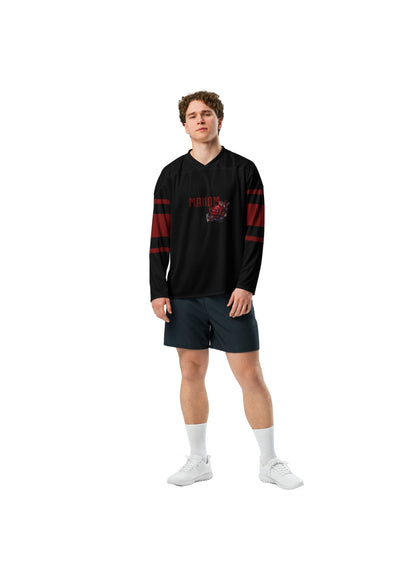 Male model wearing premium recycled hockey sweater – bold black and red floral streetwear