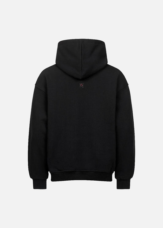Back of MAXOMclo black Red Obsidian hoodie – heavyweight 380 GSM cotton hoodie with urban streetwear attitude and premium relaxed design.

