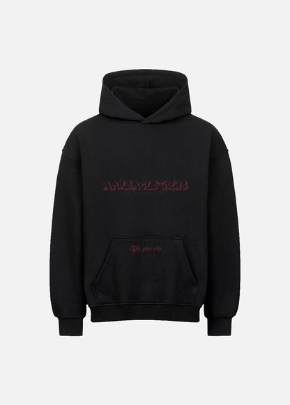 MAXOMclo Red Obsidian hoodie in black – oversized streetwear hoodie with red script print. Premium cotton, bold look, unisex fit.

