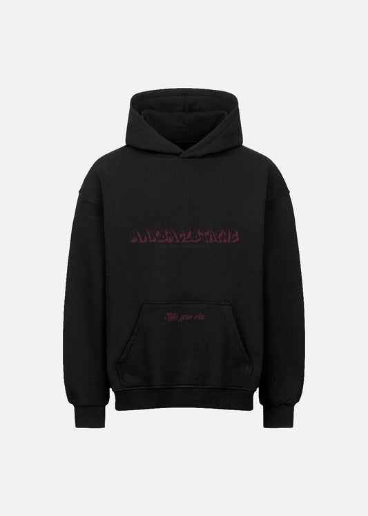 MAXOMclo Red Obsidian hoodie in black – oversized streetwear hoodie with red script print. Premium cotton, bold look, unisex fit.

