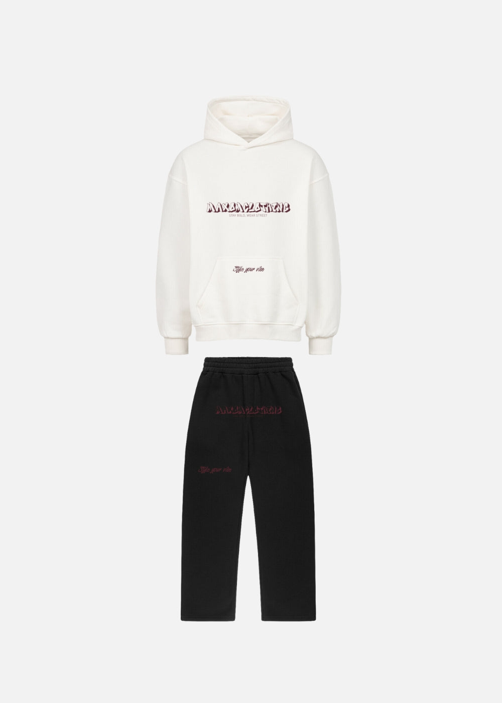 MAXOMclo Red Obsidian premium streetwear set with white oversized hoodie and black baggy sweatpants. Heavyweight 380 GSM cotton, bold red print, and relaxed urban fashion fit.

