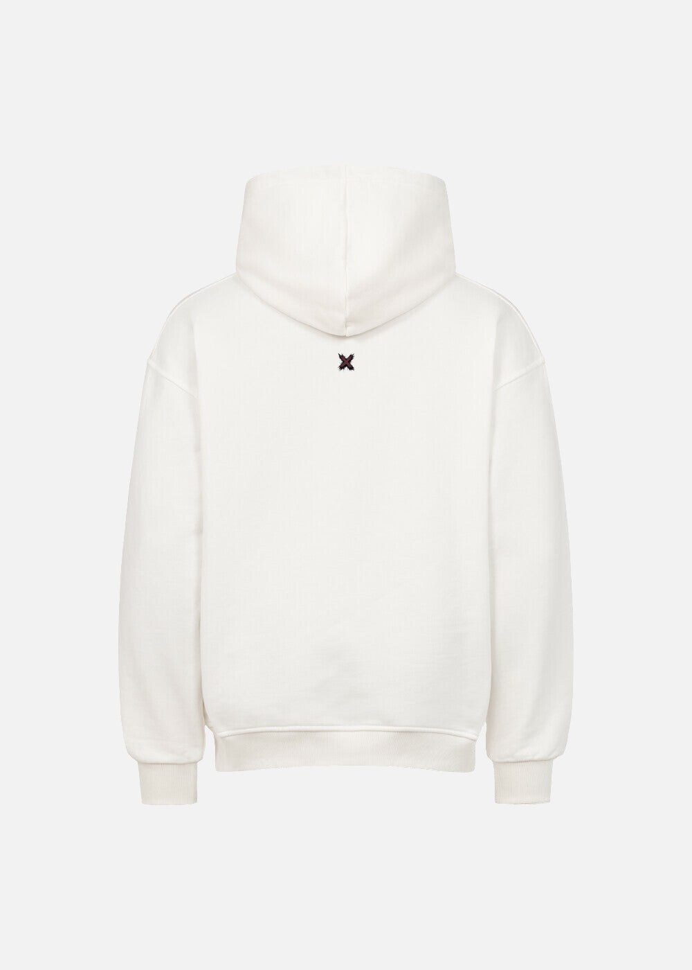 Back view of MAXOMclo Red Obsidian hoodie in white. Oversized fit, bold red detail, and premium cotton – part of a unisex urban streetwear set.

