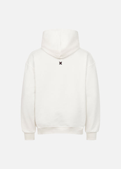 Back view of MAXOMclo Red Obsidian hoodie in white. Oversized fit, bold red detail, and premium cotton – part of a unisex urban streetwear set.

