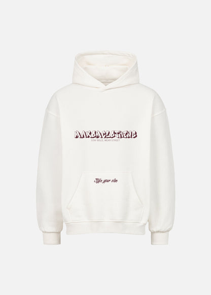 MAXOMclo Red Obsidian oversized hoodie in white – front view with bold red script. Heavyweight 380 GSM streetwear piece for relaxed unisex fashion.

