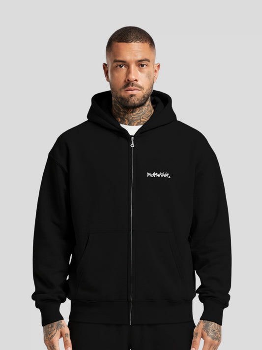 REMNANT. black oversized streetwear zip hoodie made from 100% Turkish cotton – 430 GSM heavyweight with minimalist graffiti logo, motivational slogan and mindset-driven street style design
