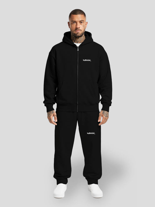 REMNANT. black oversized zipper hoodie and baggy sweatpants set – 430 GSM cotton hoodie with graffiti logo, 380 GSM pants, and motivational streetwear slogan for bold urban style

