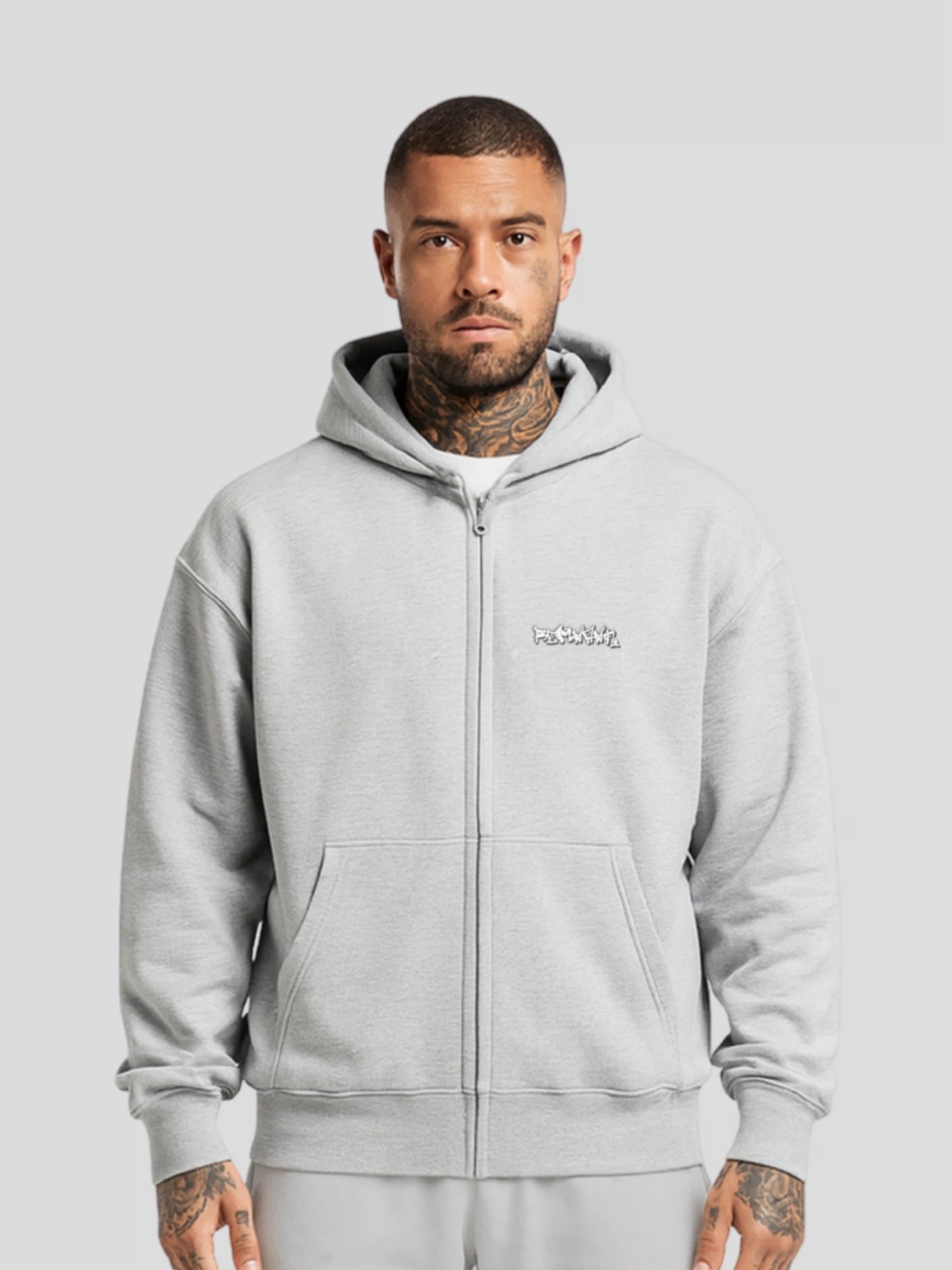 REMNANT. light grey oversized streetwear zip hoodie made from 100% Turkish cotton – 430 GSM heavyweight with graffiti logo front, motivational slogan and edgy minimalist design for urban fashion lovers
