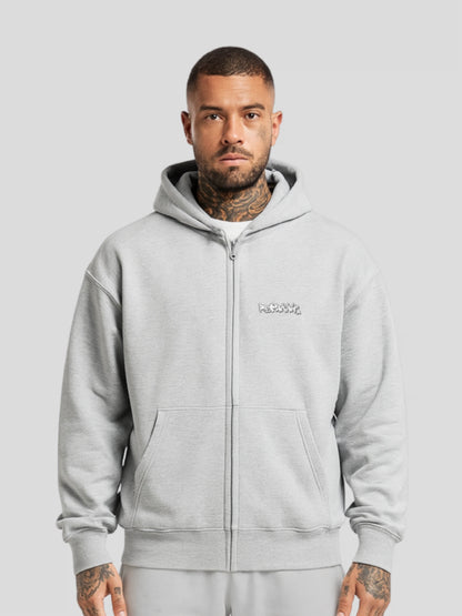 REMNANT. light grey oversized streetwear zip hoodie made from 100% Turkish cotton – 430 GSM heavyweight with graffiti logo front, motivational slogan and edgy minimalist design for urban fashion lovers

