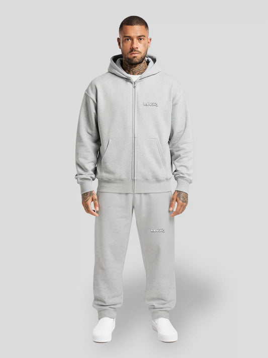 REMNANT. grey oversized graffiti print zip-hoodie and baggy sweatpants set – 430 GSM heavyweight hoodie with inspirational slogan, 380 GSM pants, grunge aesthetic urban streetwear for winter 2025
