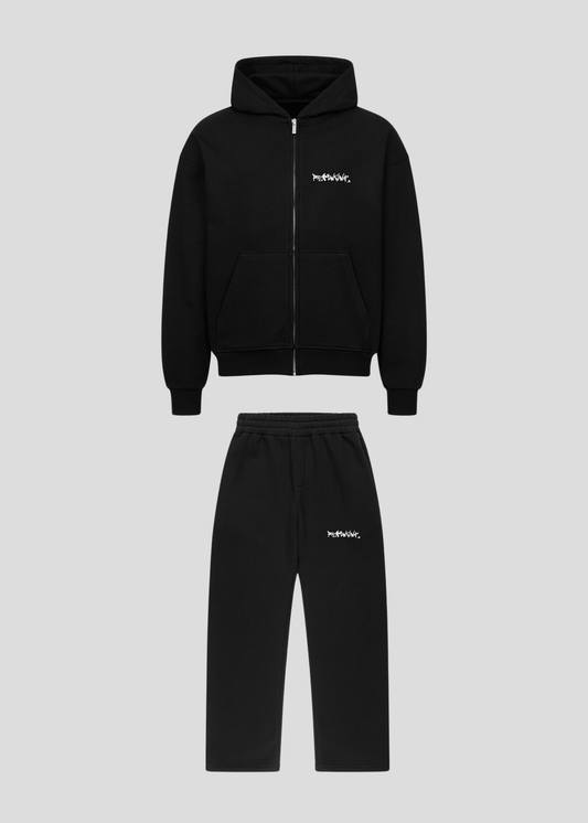 Black REMNANT. oversized zipper hoodie and baggy sweatpants flat lay – front design