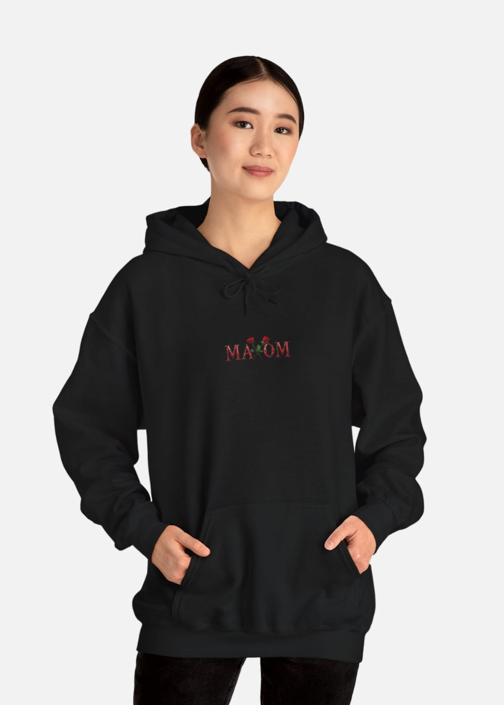 Female model front view in black motivational hoodie – unisex floral streetwear for positive energy