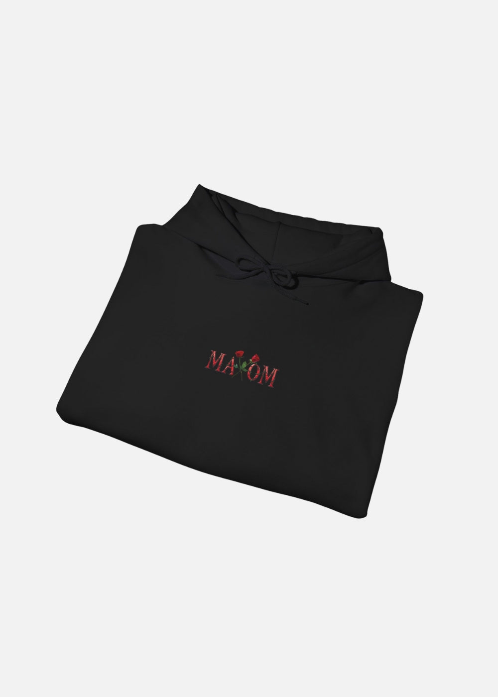 Folded black floral hoodie with quote – cozy motivational streetwear piece with graphic rose design