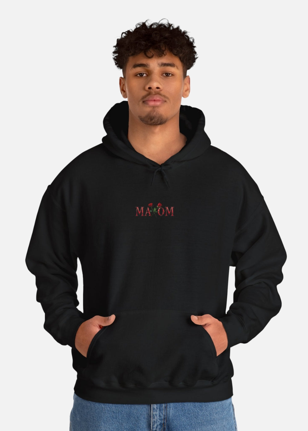 Male model wearing black rose graphic hoodie – relaxed fit motivational streetwear for men
