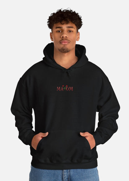 Male model wearing black rose graphic hoodie – relaxed fit motivational streetwear for men