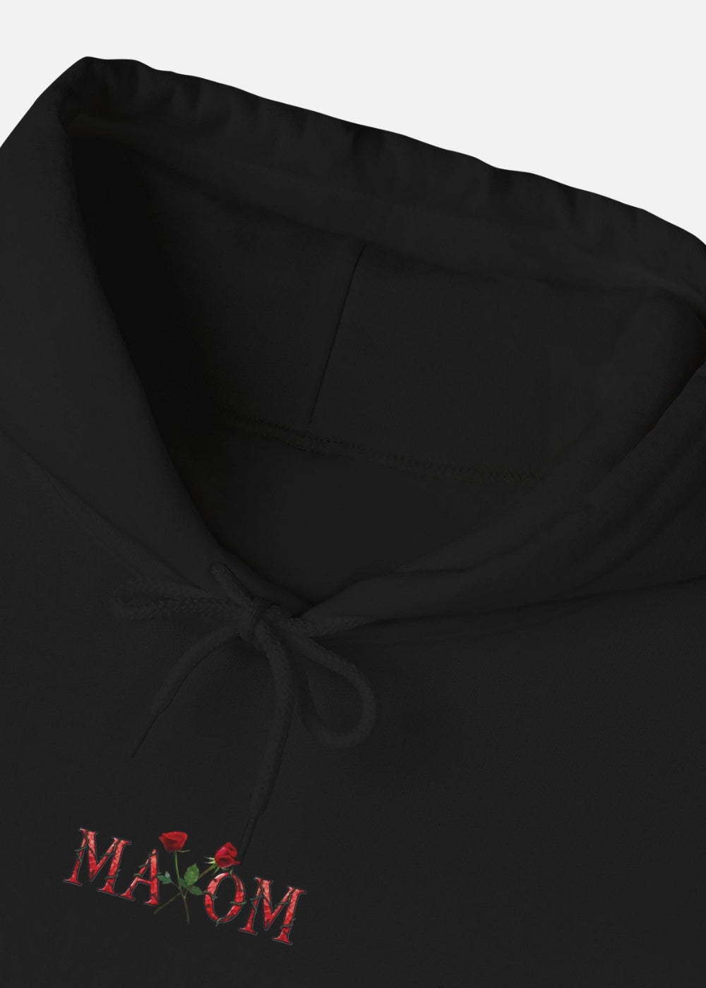 Detailed view of MAXOMclo black hoodie with inspirational quote and rose illustration on the back