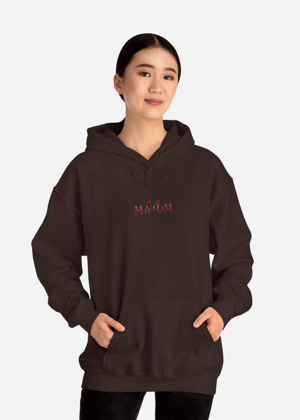 Front view of female model wearing brown floral hoodie – inspirational quote streetwear for women