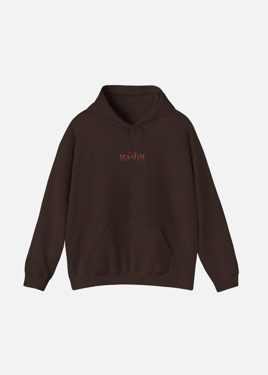 Brown rose hoodie front view – unisex floral streetwear with inspirational message by MAXOMclo