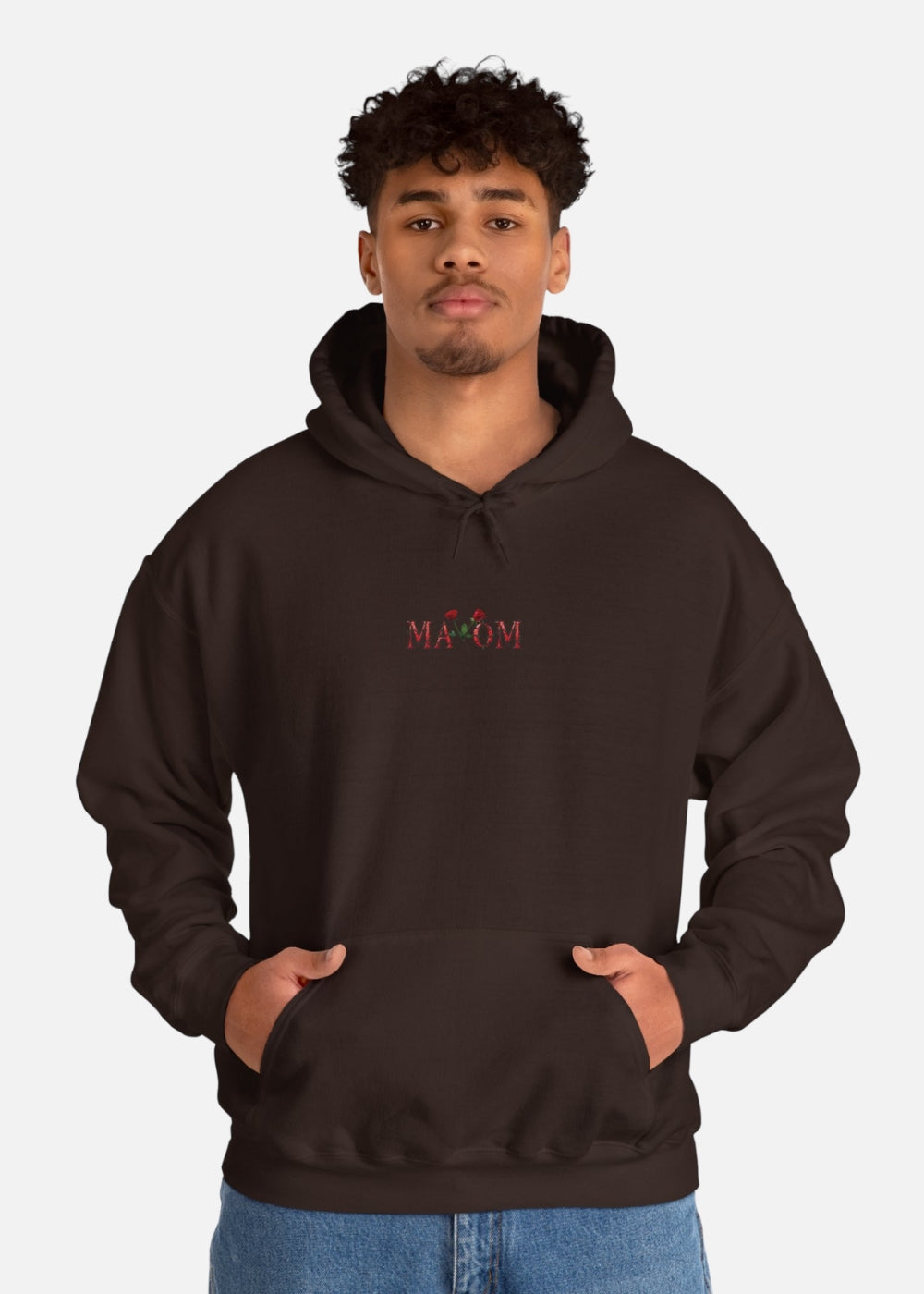 Male model in brown rose motivational hoodie – streetwear for daily confidence and style