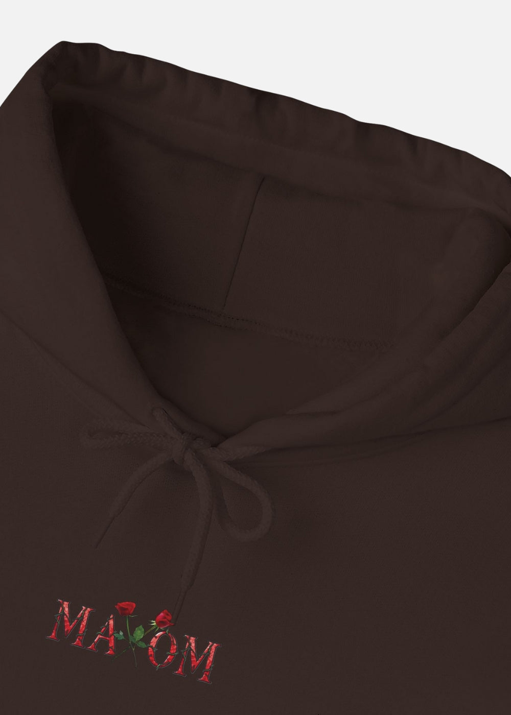 Close-up of brown hoodie’s back print – floral artwork and motivational message for unisex streetwear fans