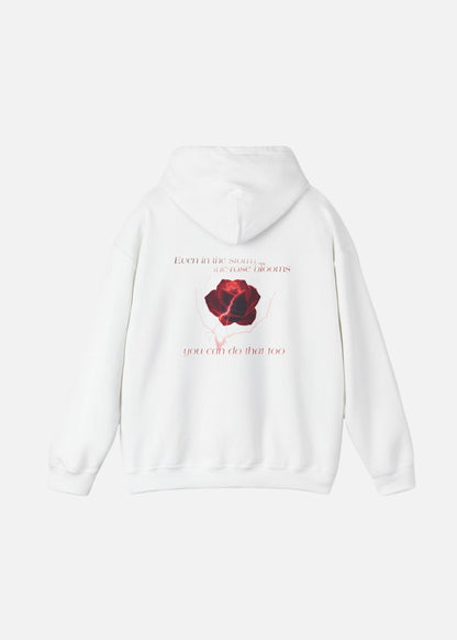 Back of white hoodie with rose and quote – inspirational unisex hoodie for daily motivation