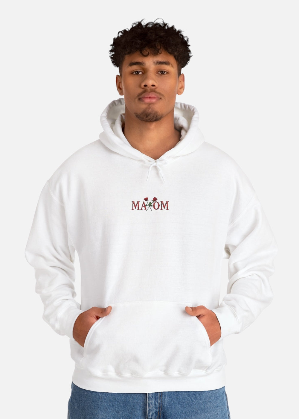Male model in white rose hoodie – stylish floral streetwear with positive quote on back