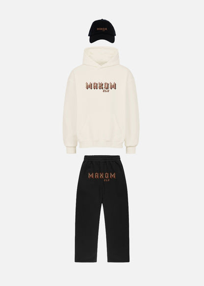 Rose Reaper beige hoodie streetwear set – premium oversized hoodie, black joggers and cap for unisex street fashion