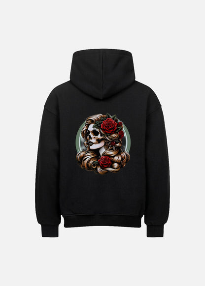 Back view of Rose Reaper unisex black hoodie – bold cotton blend streetwear hoodie for modern casual outfits