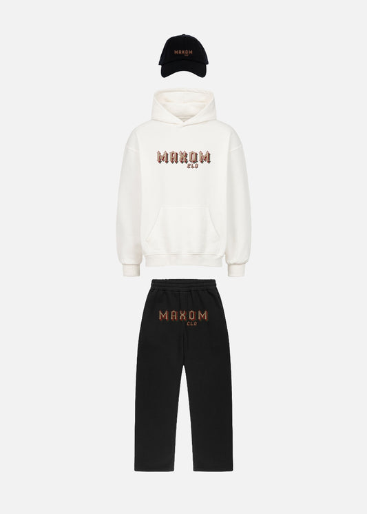 Rose Reaper urban outfit bundle – white oversized hoodie, black sweatpants and black cap streetwear set for men and women