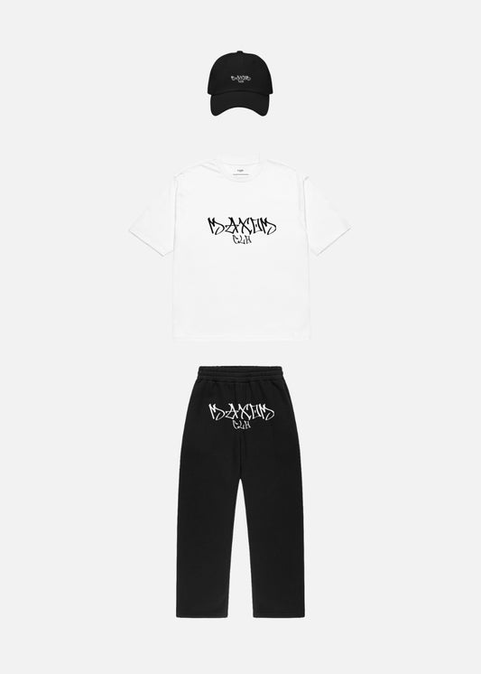 Skullflow Essentials Streetwear Set front view with black cap – oversized tee, relaxed joggers, and urban cap combo for bold everyday comfort.

