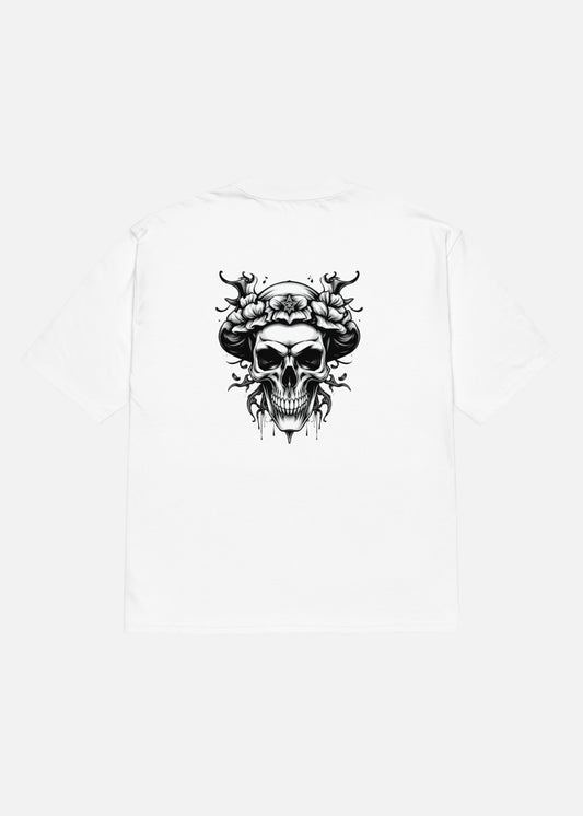 Rear of Skullflow oversized streetwear t-shirt – casual statement piece in the urban essentials collection.


