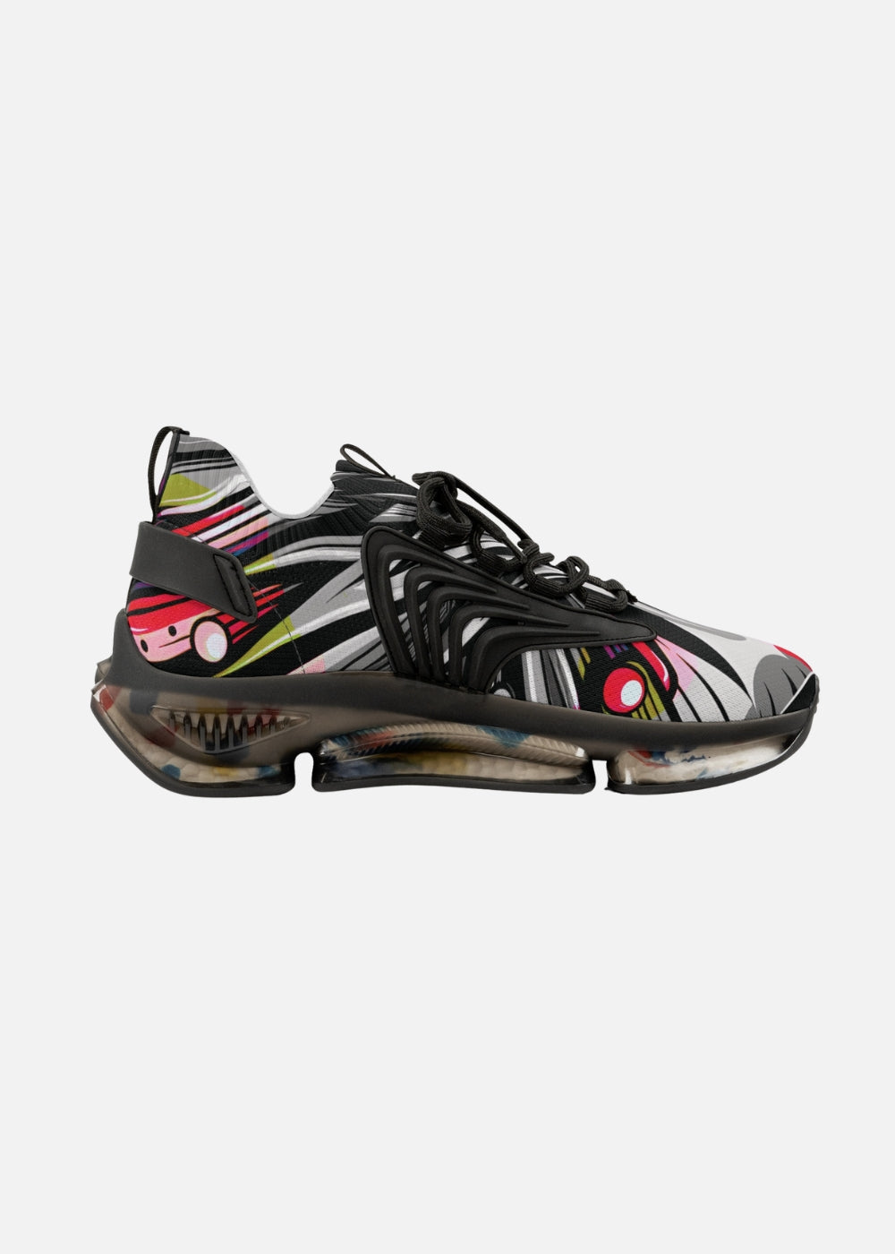 Breathable and comfortable inner view of black SoulStride sneakers with modern abstract design